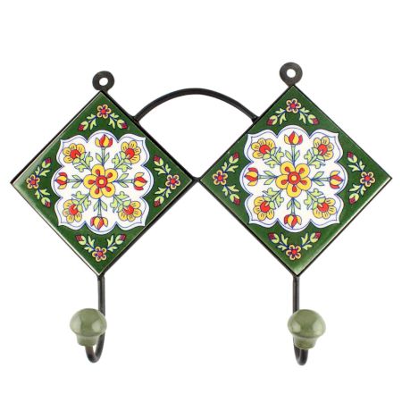 Forest Green With White Floral Ceramic Tile Hook Online